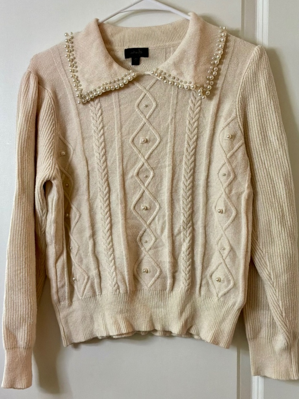 Cream Pearl Embellished Cable Knit Sweater